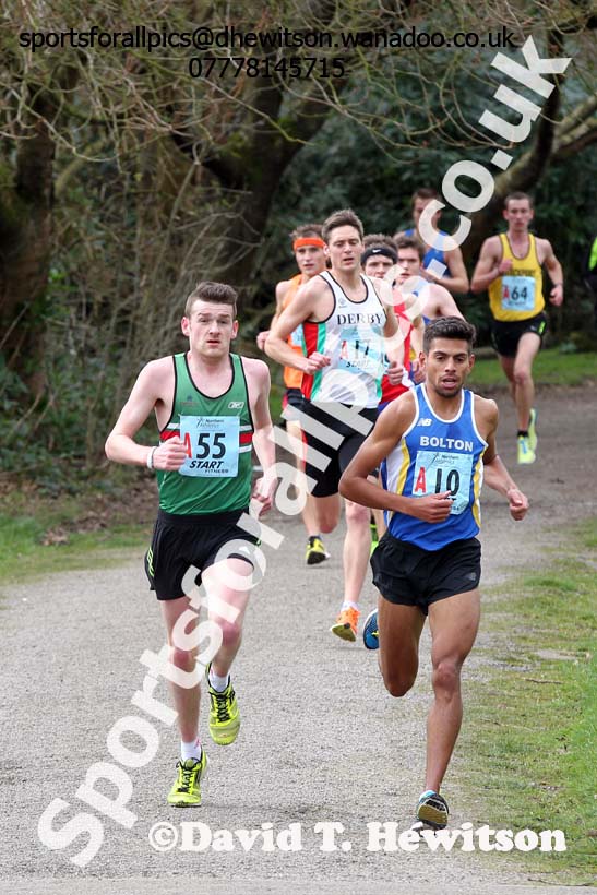 Niall Brooks (Sale) and Tom Lancashire (Bolton) lead on the 1st leg of the senior mens 12 stage relay, 2014 Northern 12 and 6 Stage Relays, Heaton Park Manchester. Photo: David T. Hewitson/Sports for All Pics